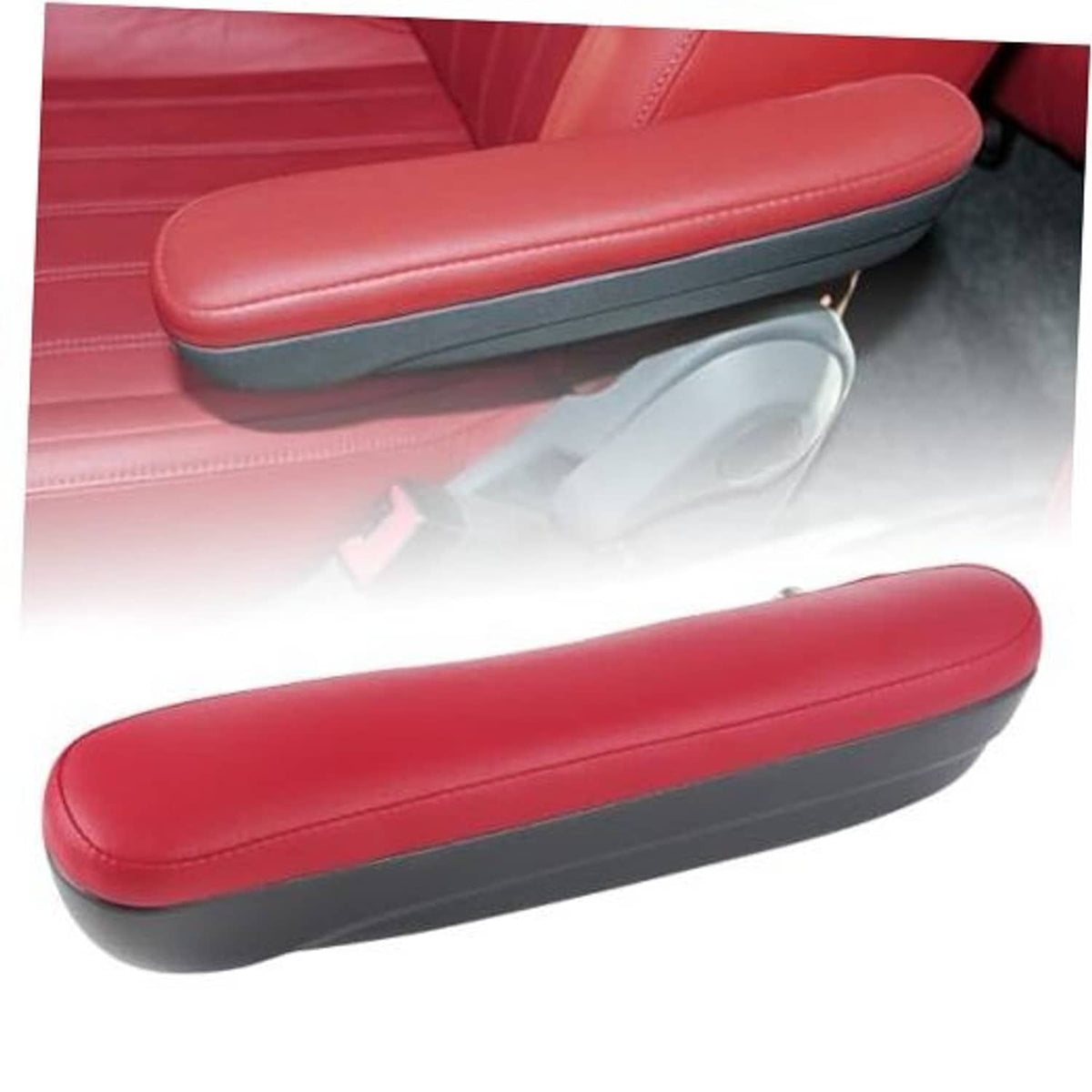 Red padded front seat armrest with black base and adjustable mounting arm