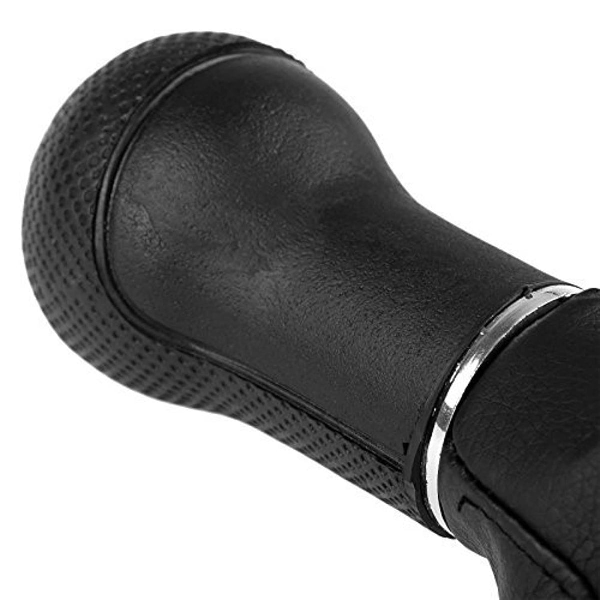 Side view of black textured gear shift knob with chrome ring and PU leather boot