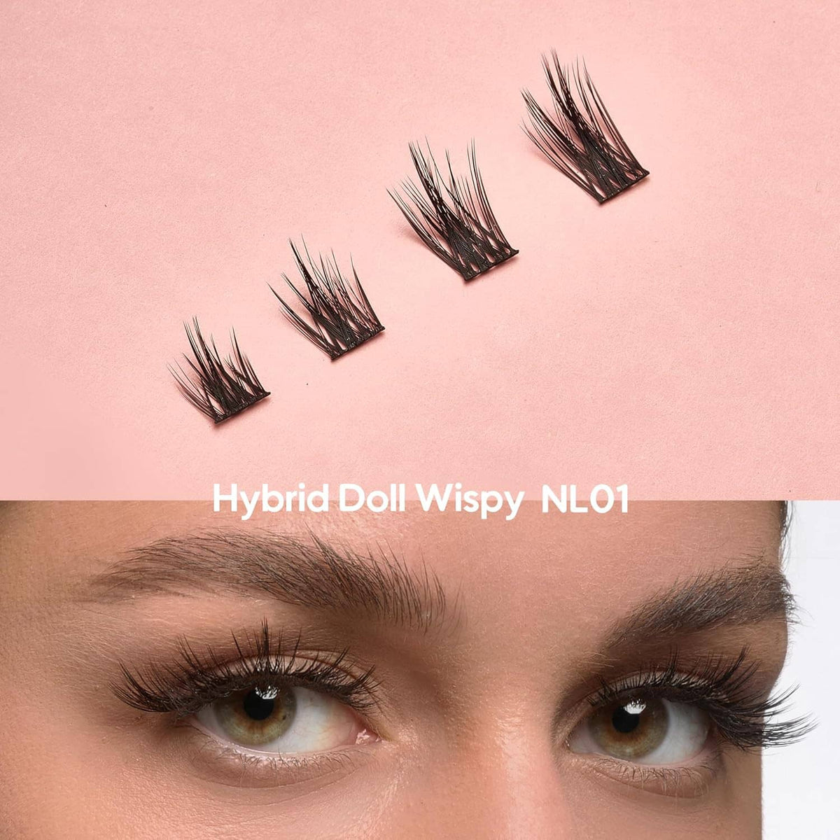 Wispy false eyelash strip set with individual lash pieces, loose on pink