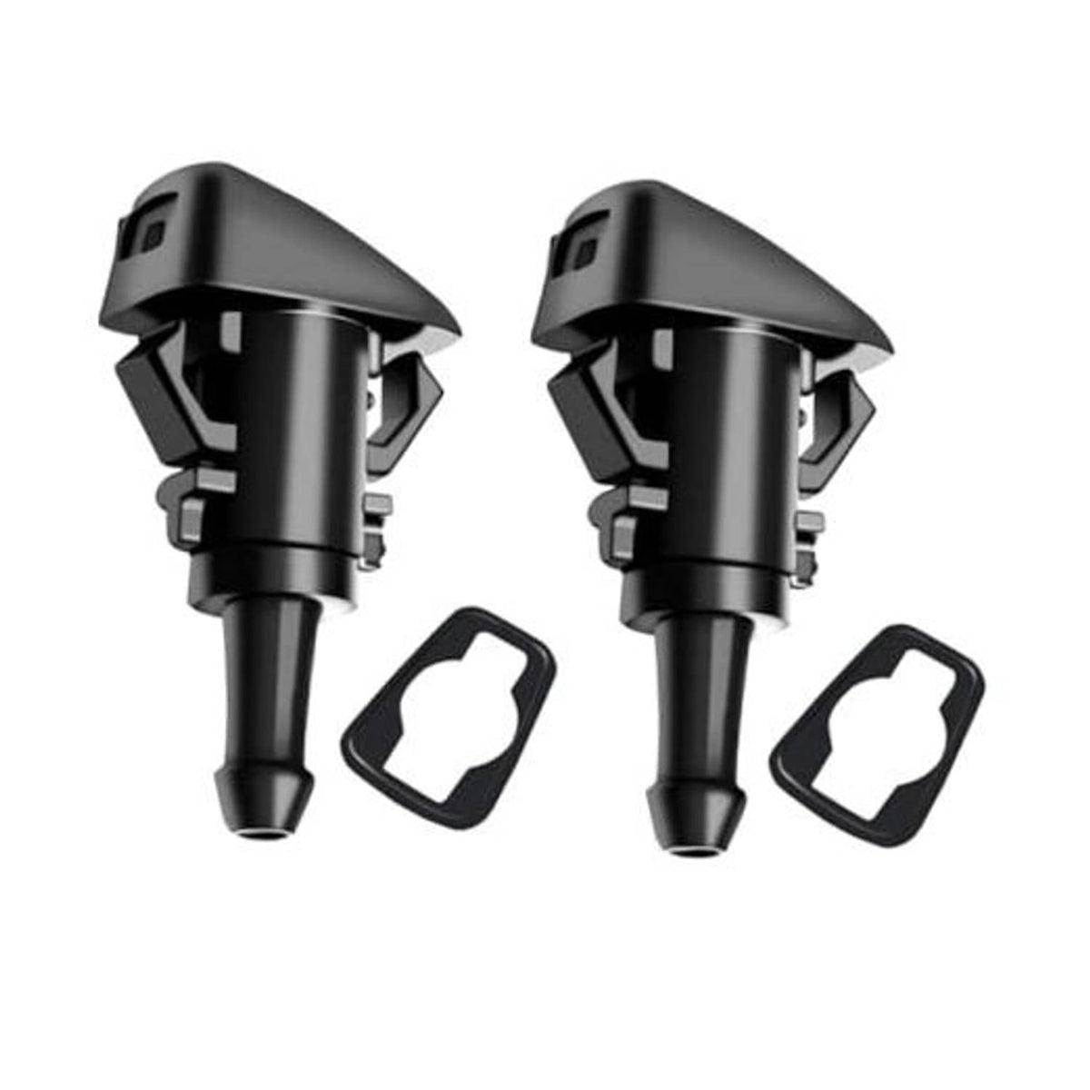 Black windshield washer nozzle pair with mounting clips, OEM-style replacement parts