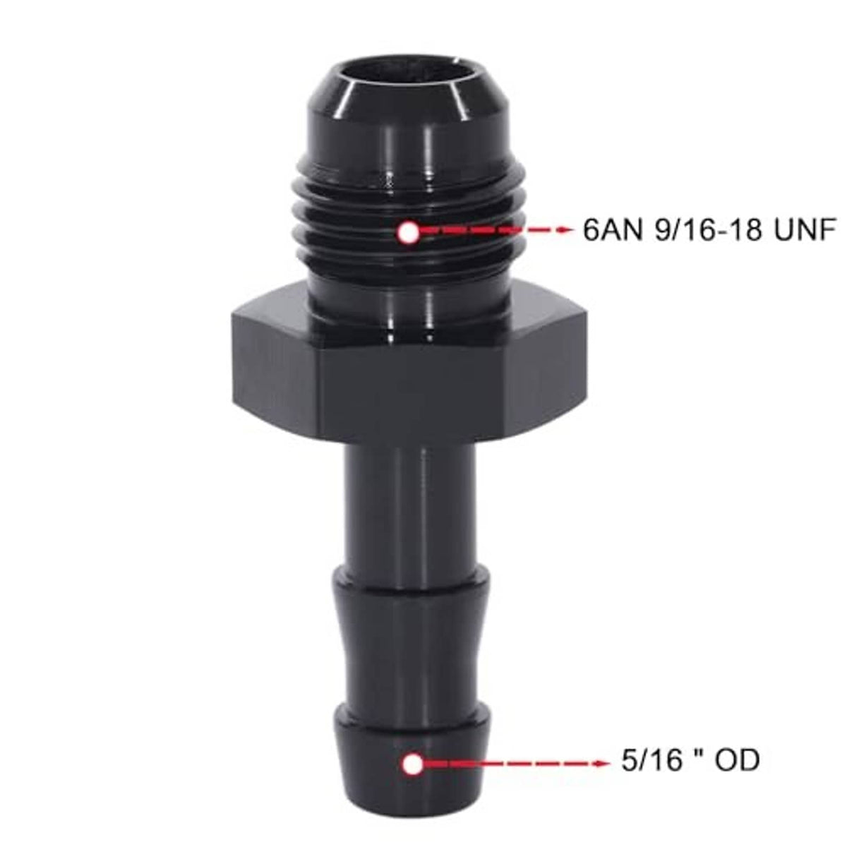 Black hose barb adapter, 6AN 9/16-18 UNF inlet and 5/16" OD barb