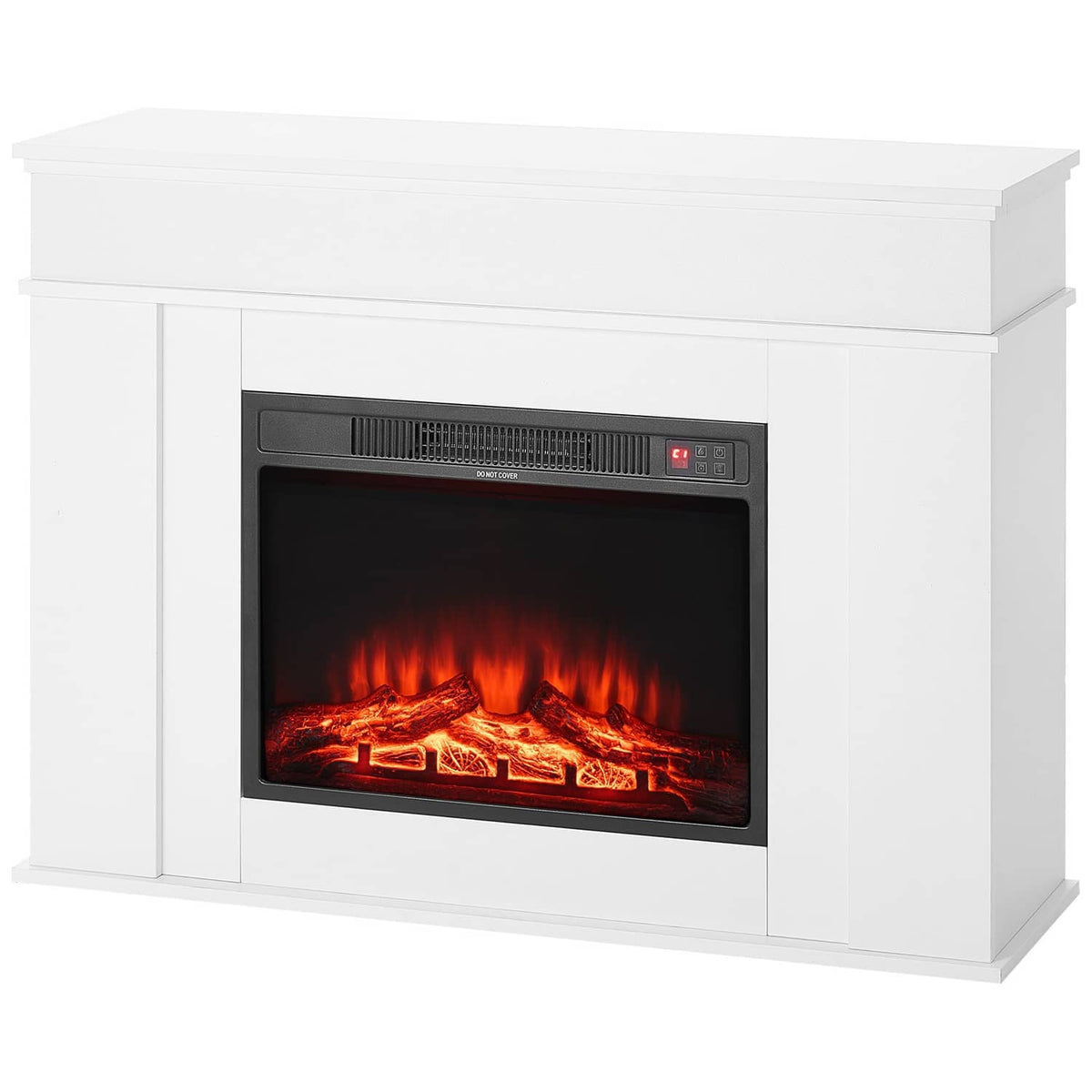 White freestanding electric fireplace mantel with flame-effect firebox and glowing logs