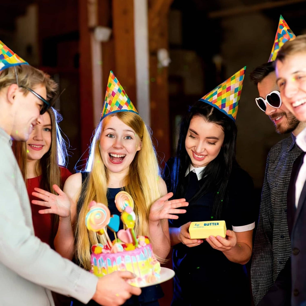 Yellow salted butter squishy fidget toy held by a group celebrating indoors
