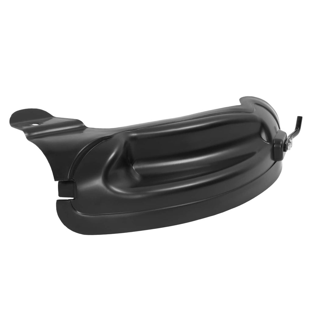 Black mulching blade housing with curved chute and side mounting bracket