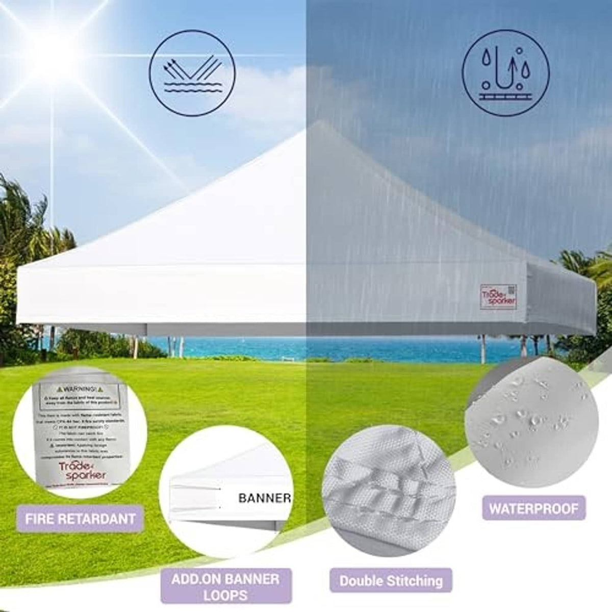 White canopy top with waterproof and double-stitched construction icons