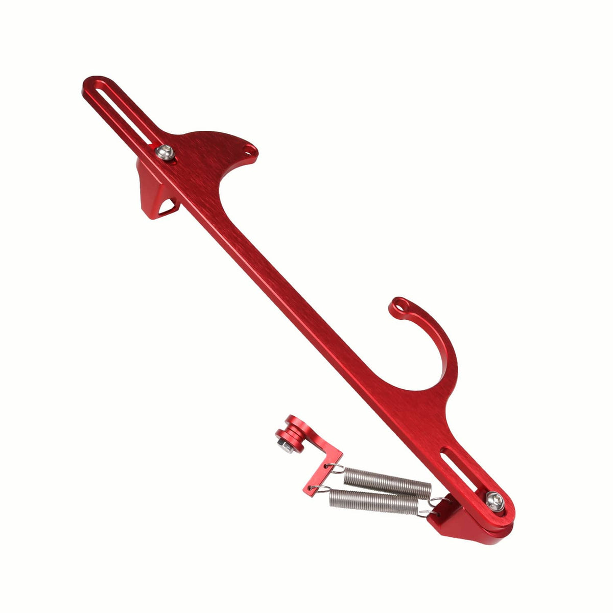 Red throttle cable bracket angled view with spring and cable end bracket