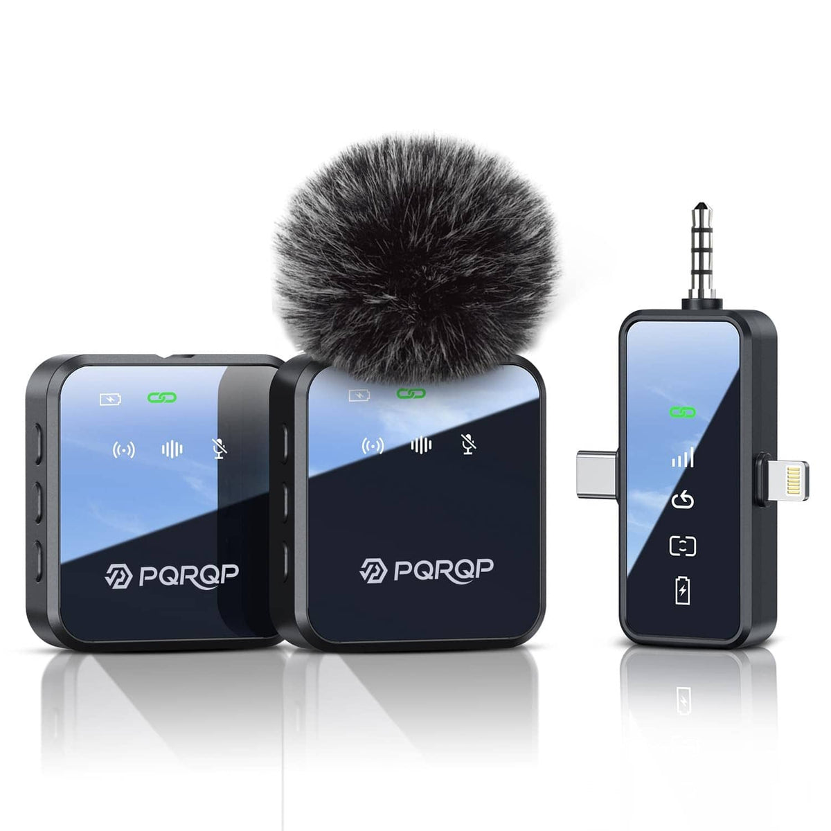 Wireless lavalier microphone kit with two foam windscreens and a dark receiver