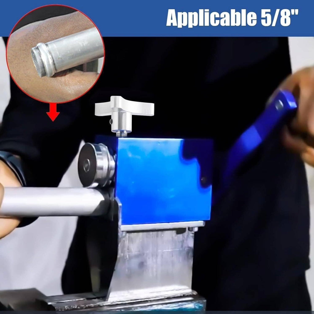 Tube pipe beader tool beading a metal tube with roller and blue clamp