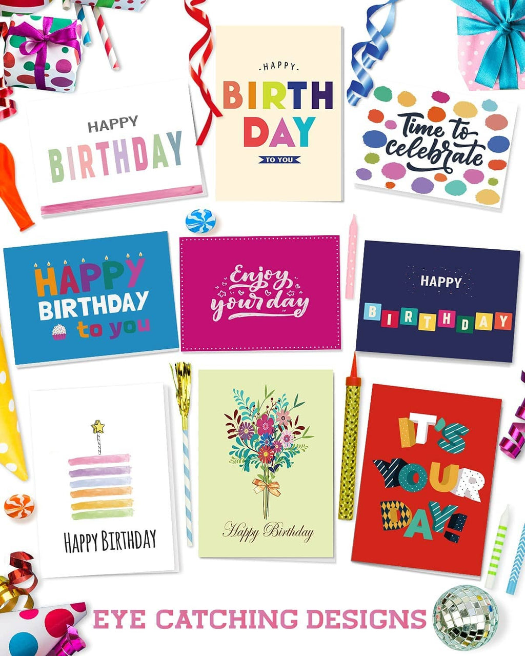 Colorful birthday greeting cards with ribbon and confetti-style accents