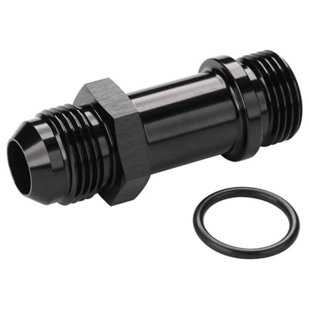 Black AN flare-to-ORB extension fitting, hex center section with O-ring