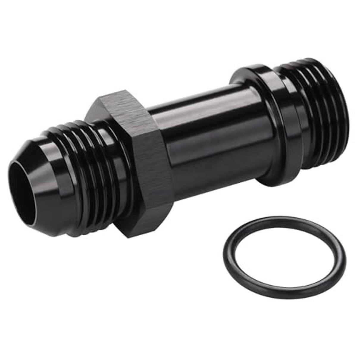 Black AN flare-to-ORB extension fitting, hex center section with O-ring