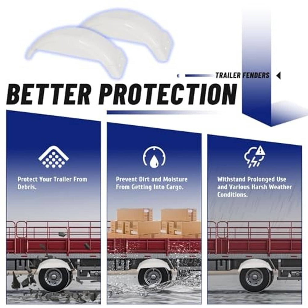 White trailer fender pair shown as curved protective covers on a blue graphic