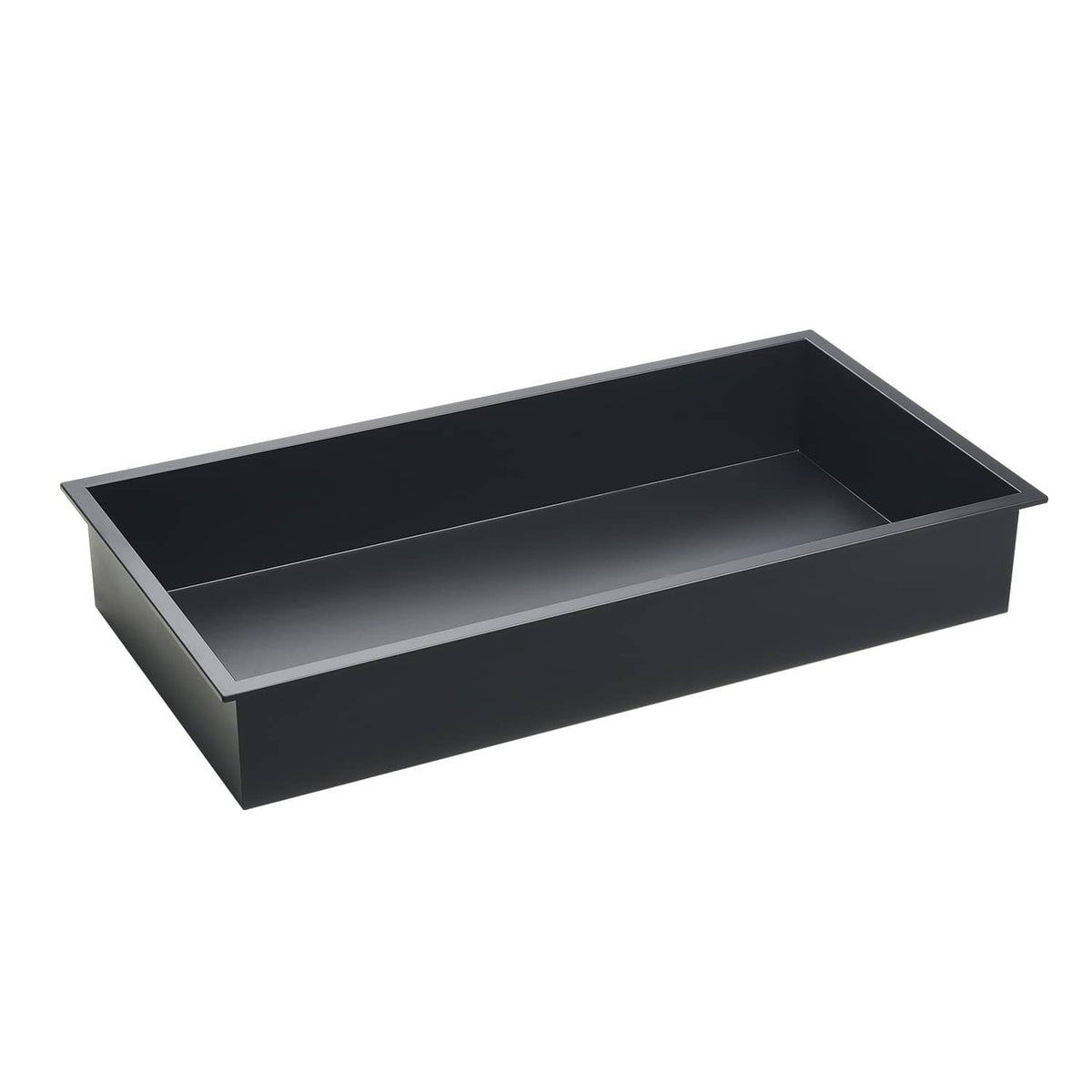 Recessed shower niche wall shelf with open rectangular tray and dark stainless steel frame