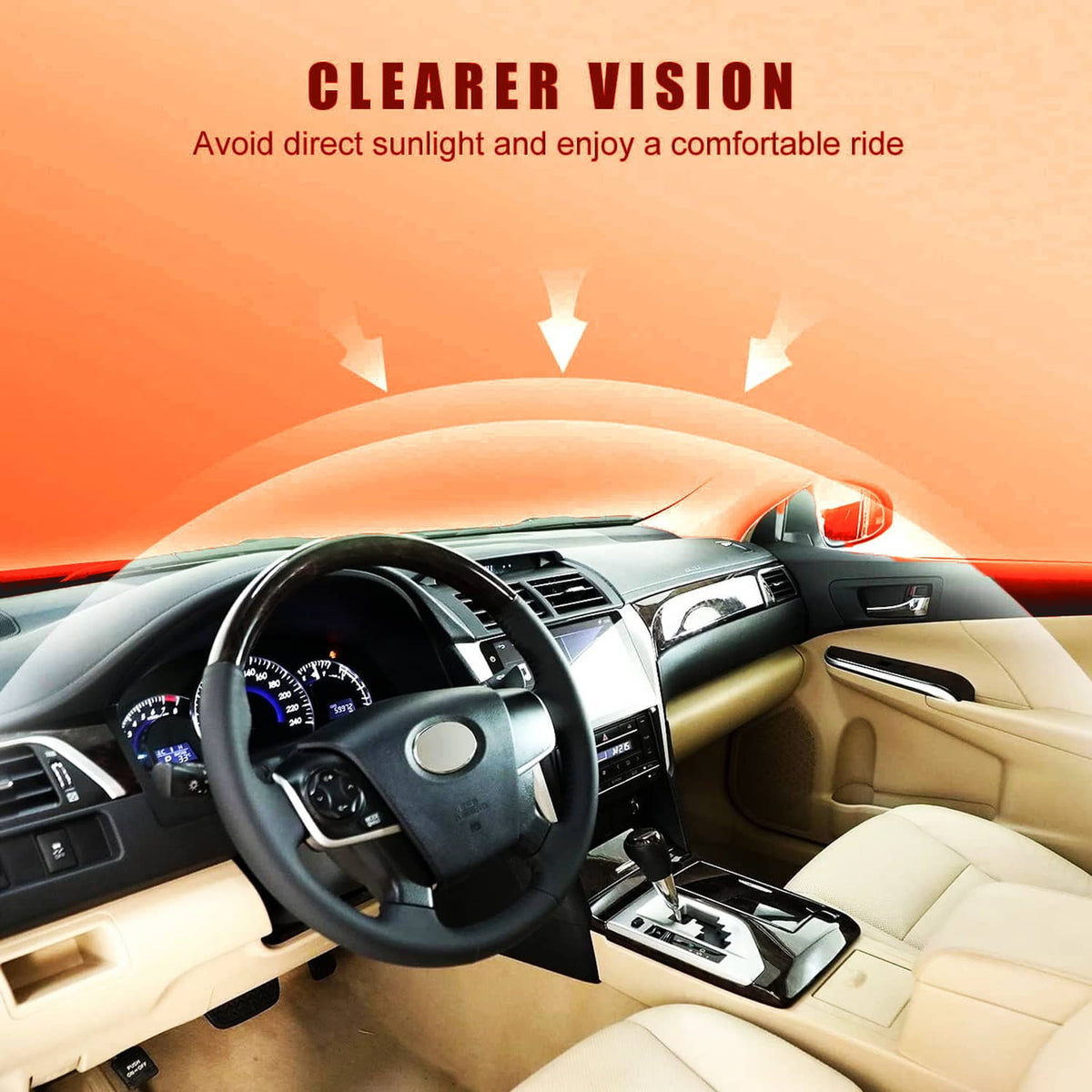 Car interior view showing tan sun visor LED light glow near the mirror