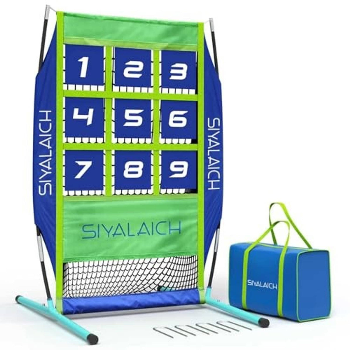 Portable pitching target net with numbers 1–9 on blue squares, green frame, mesh bottom