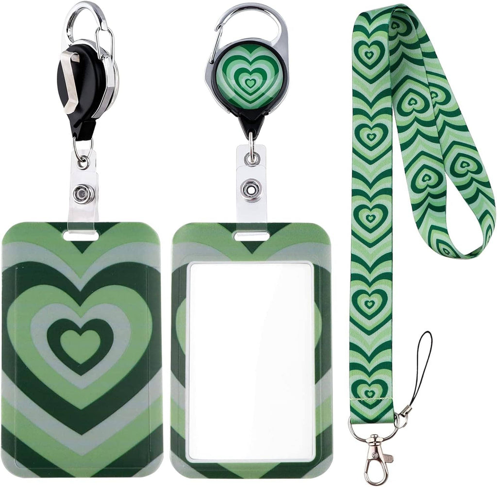 Green lanyard with ID badge holder case and retractable badge reel, heart pattern