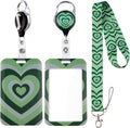 Green lanyard with ID badge holder case and retractable badge reel, heart pattern