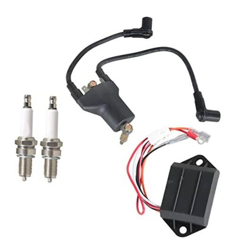 Ignition CDI module with wiring harness and ignition coil, plus two spark plugs