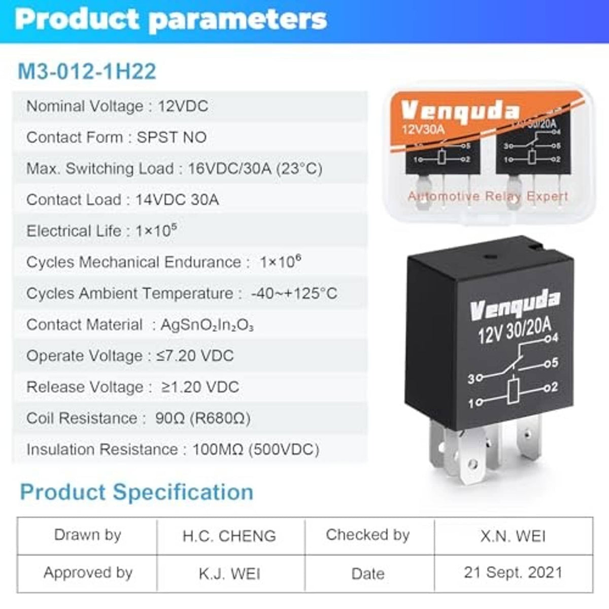 Black 5-pin 12V automotive relay with 5 terminals and metal mounting feet