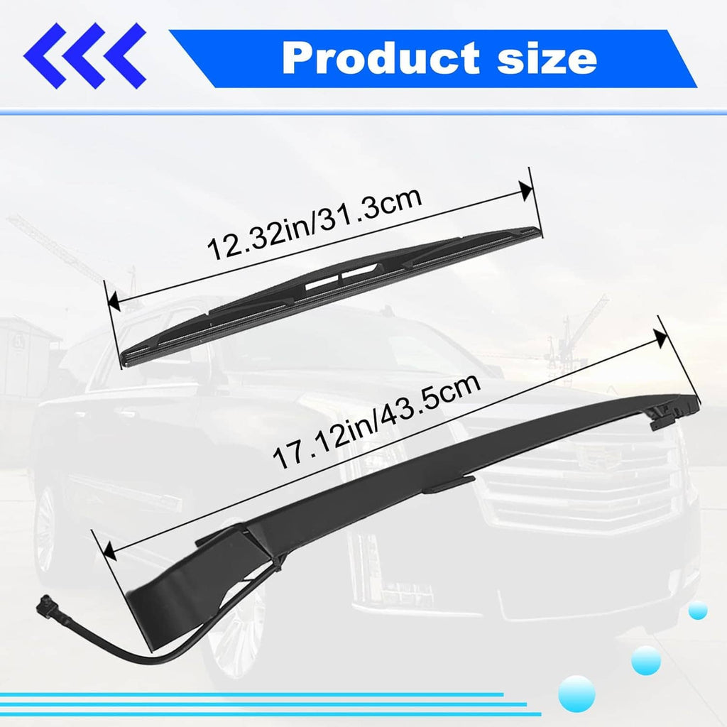 Rear wiper arm and blade set with long black blades and mounting arm