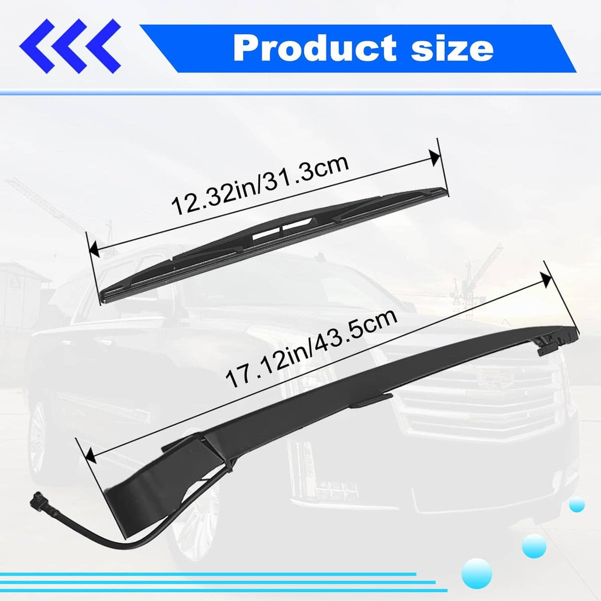 Rear wiper arm and blade set with long black blades and mounting arm
