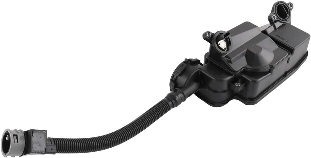 Oil separator assembly with black housing, flexible hose, and two mounting openings