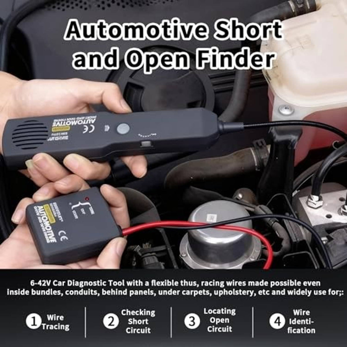 Handheld automotive wire finder tester with probe and red/black cable lead