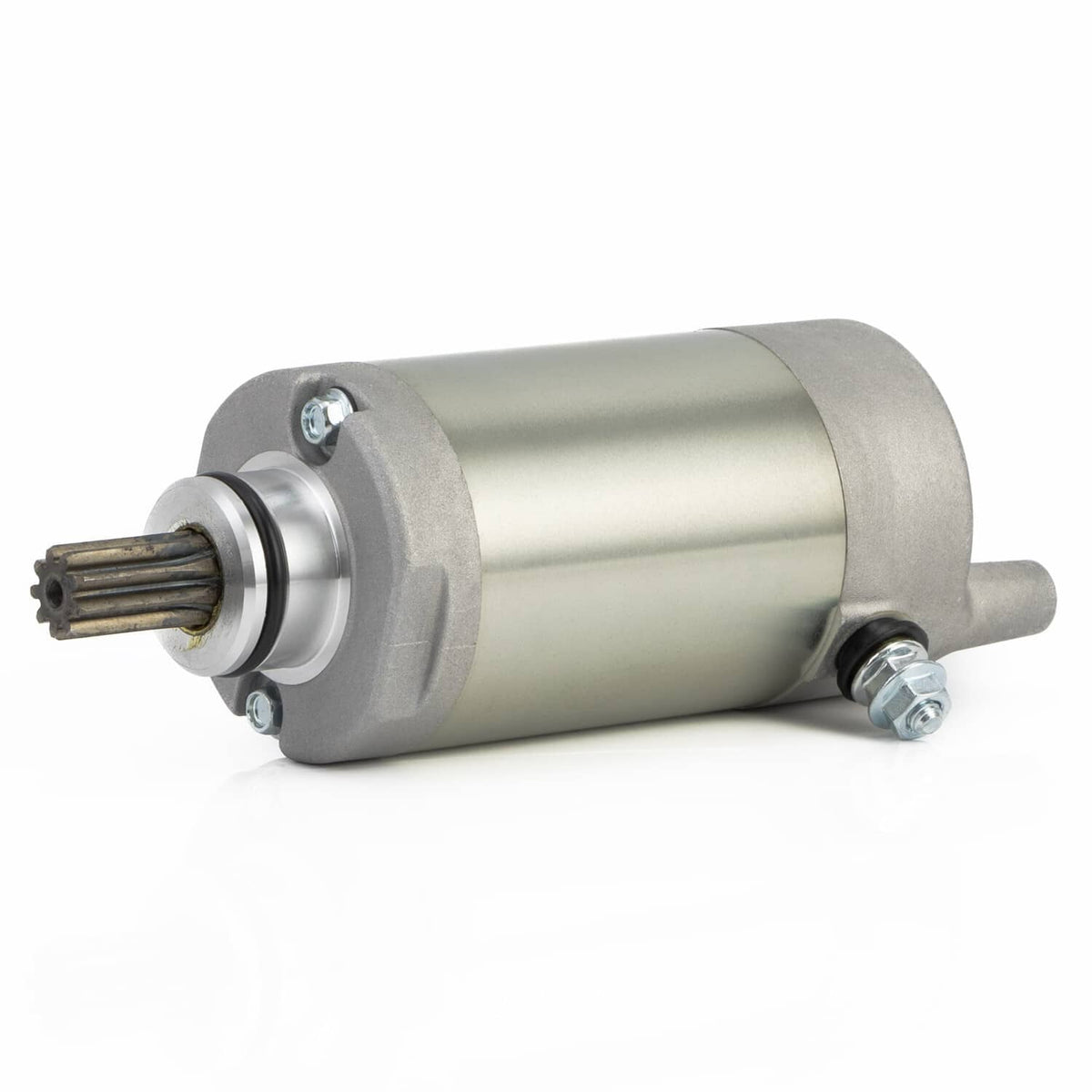 ATV starter motor, silver cylinder with front drive gear and two side mounting bolts