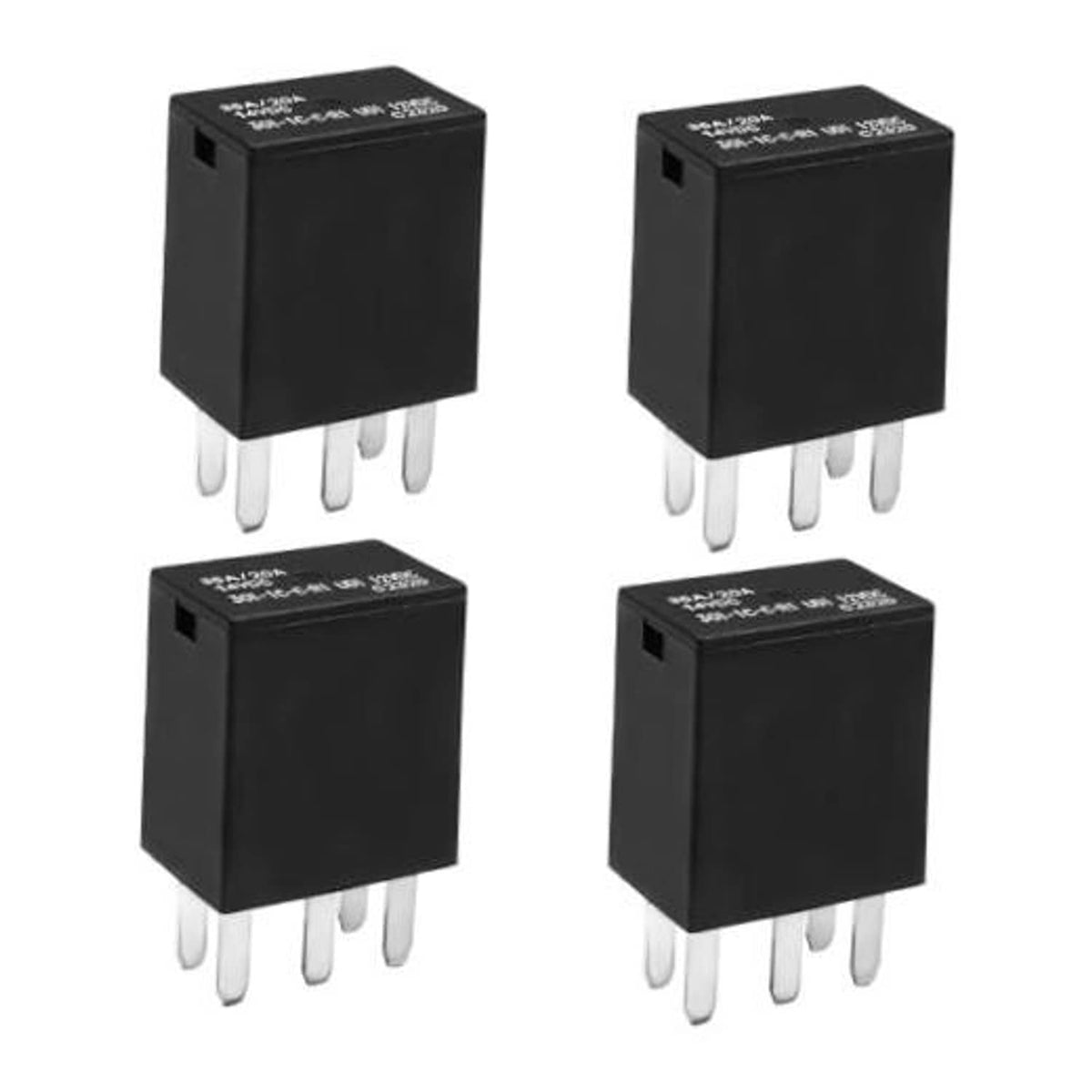 Set of 4 black 12V automotive relays with five metal pins, rectangular housing