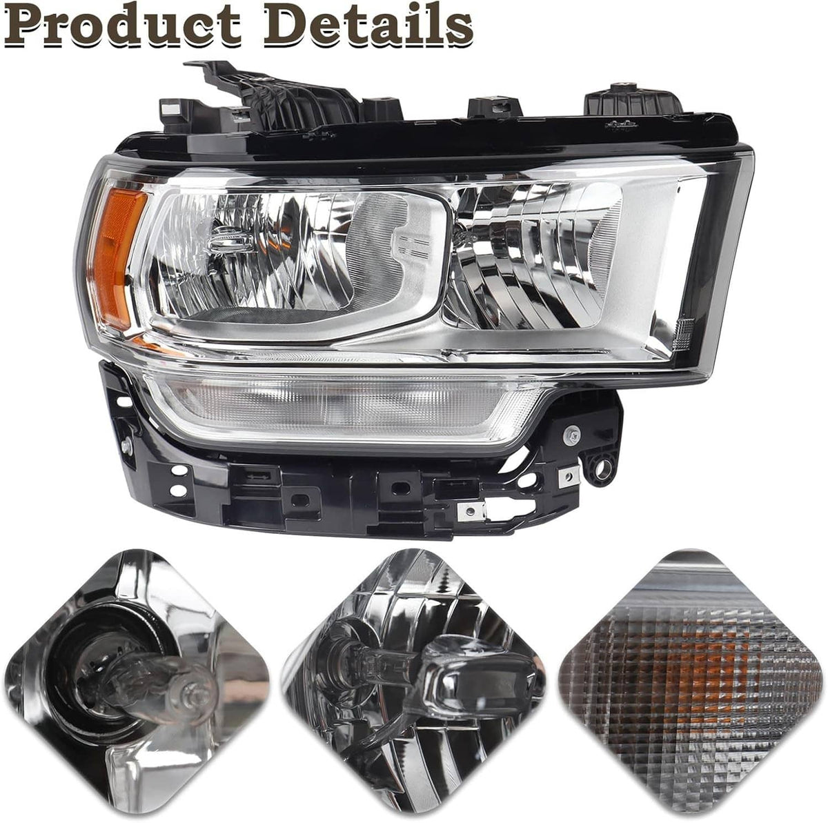 Right halogen headlight with chrome reflector housing and clear lens, amber corner