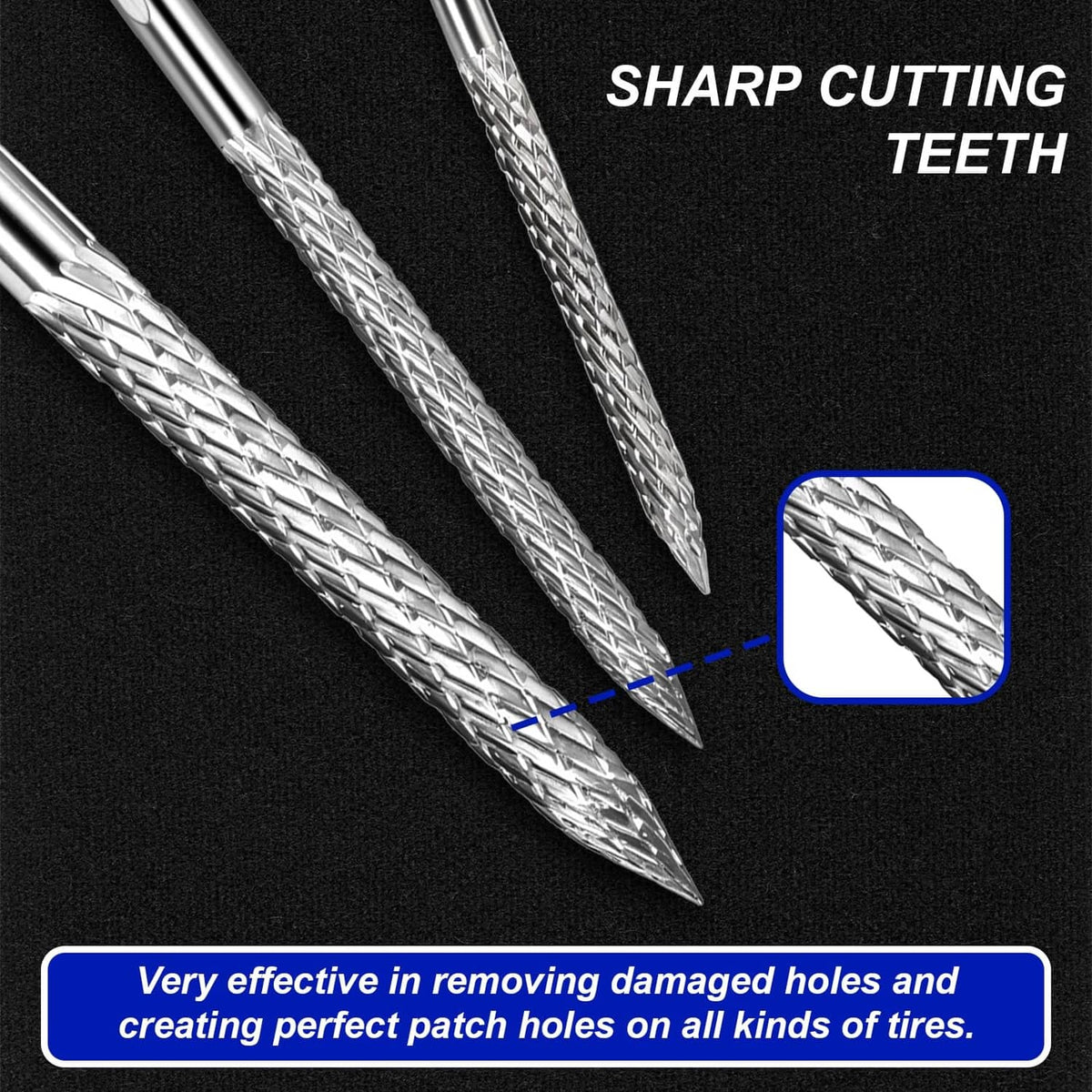 Tire reamer drill bits with sharp cutting teeth, braided silver metal tips