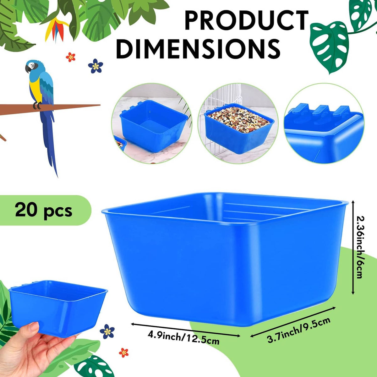 Blue plastic 16 oz water feeder cup for birds, single large drinking cup