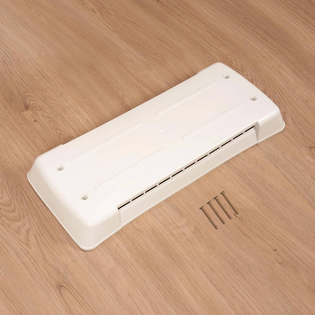 White refrigerator vent cover underside with mounting holes and mounting screws