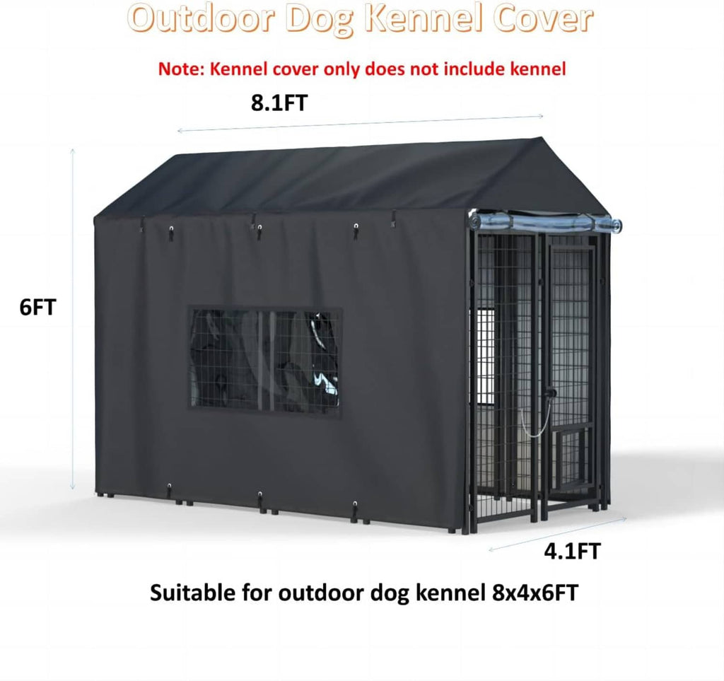 Outdoor dog kennel cover with dark fabric roof and front mesh window panels