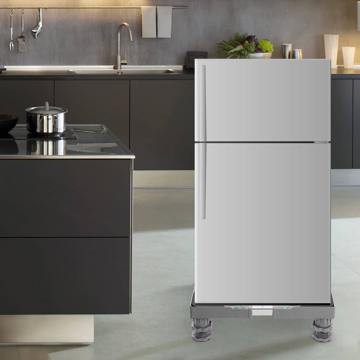 White mini refrigerator resting on grey adjustable stand with four leveling feet
