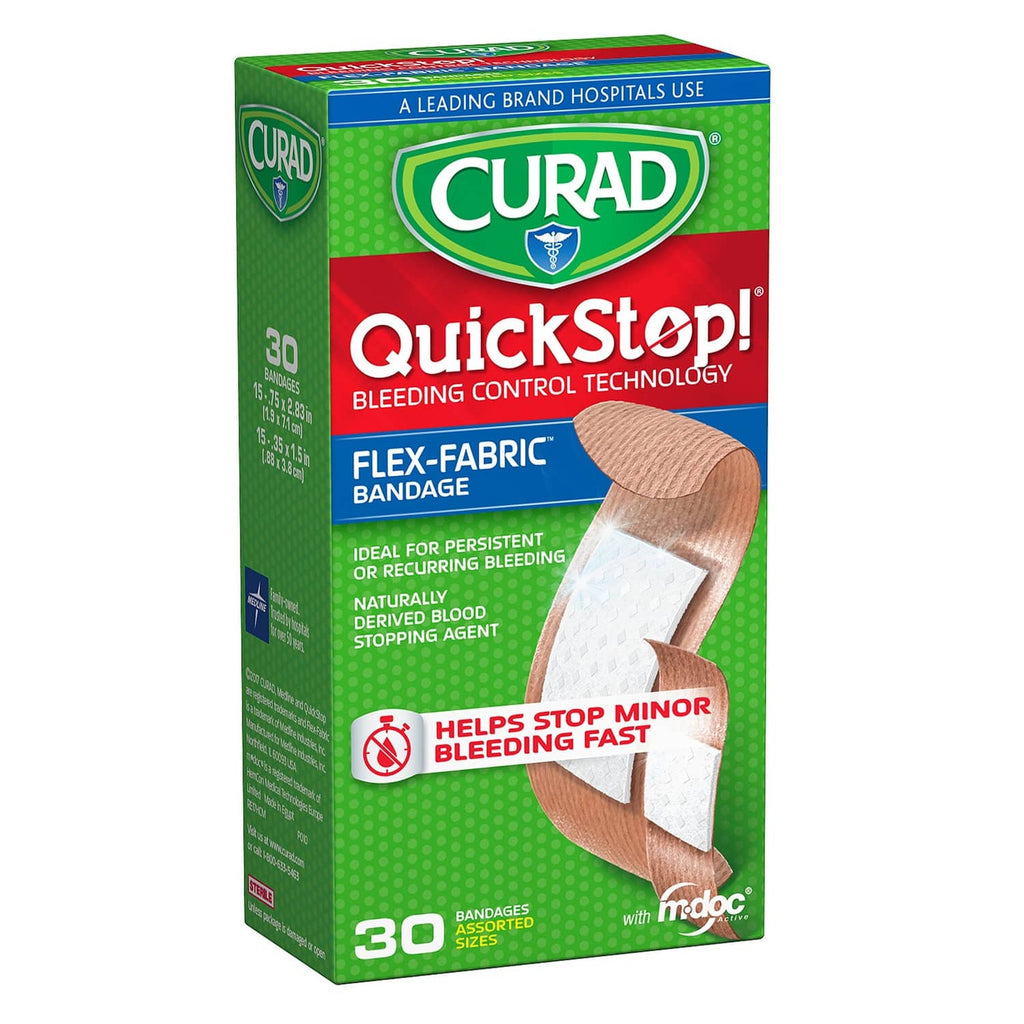 Curad QuickStop flex-fabric bandage box with 30 assorted bandages in package