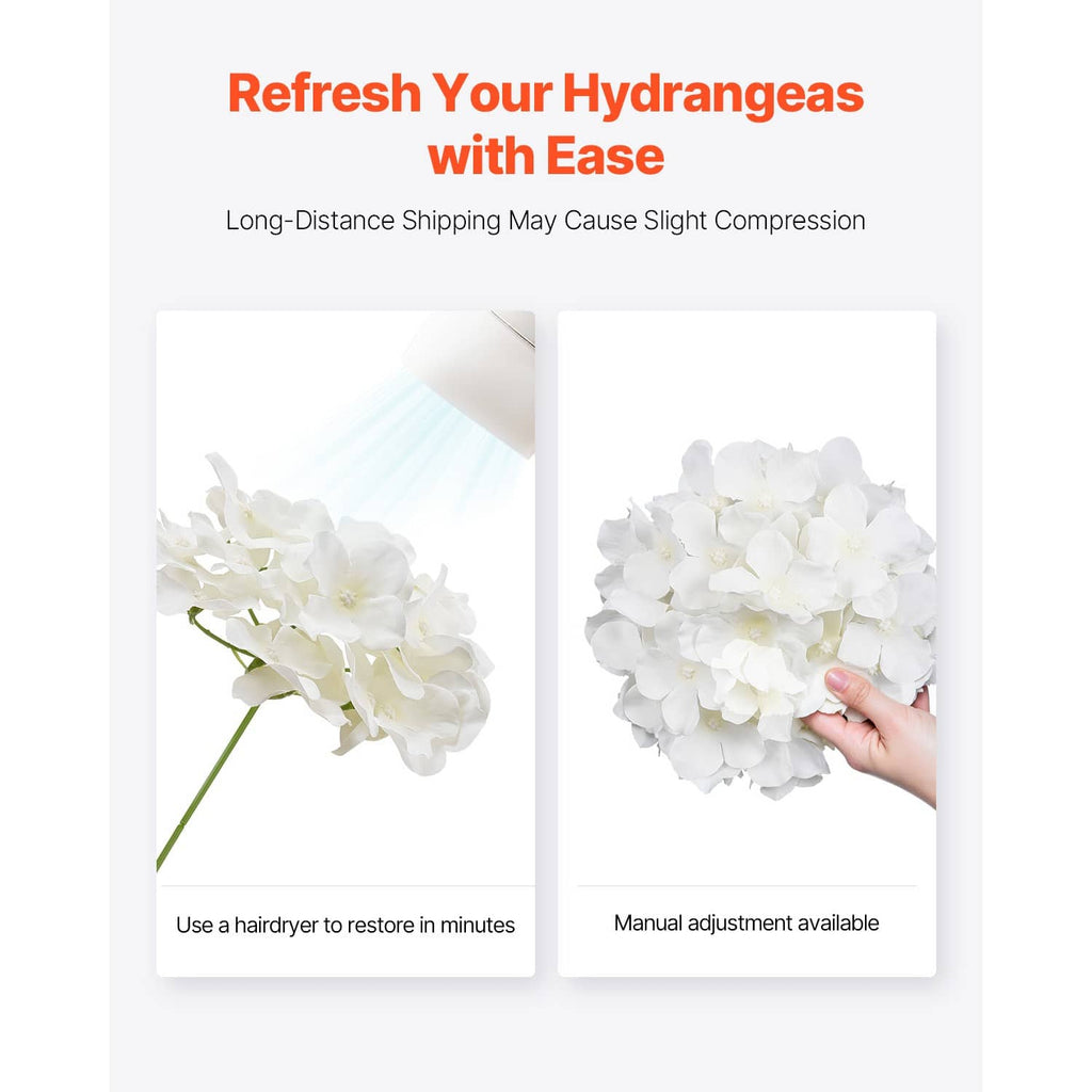 Artificial white hydrangea flowers showing handheld adjustment for styling and reuse