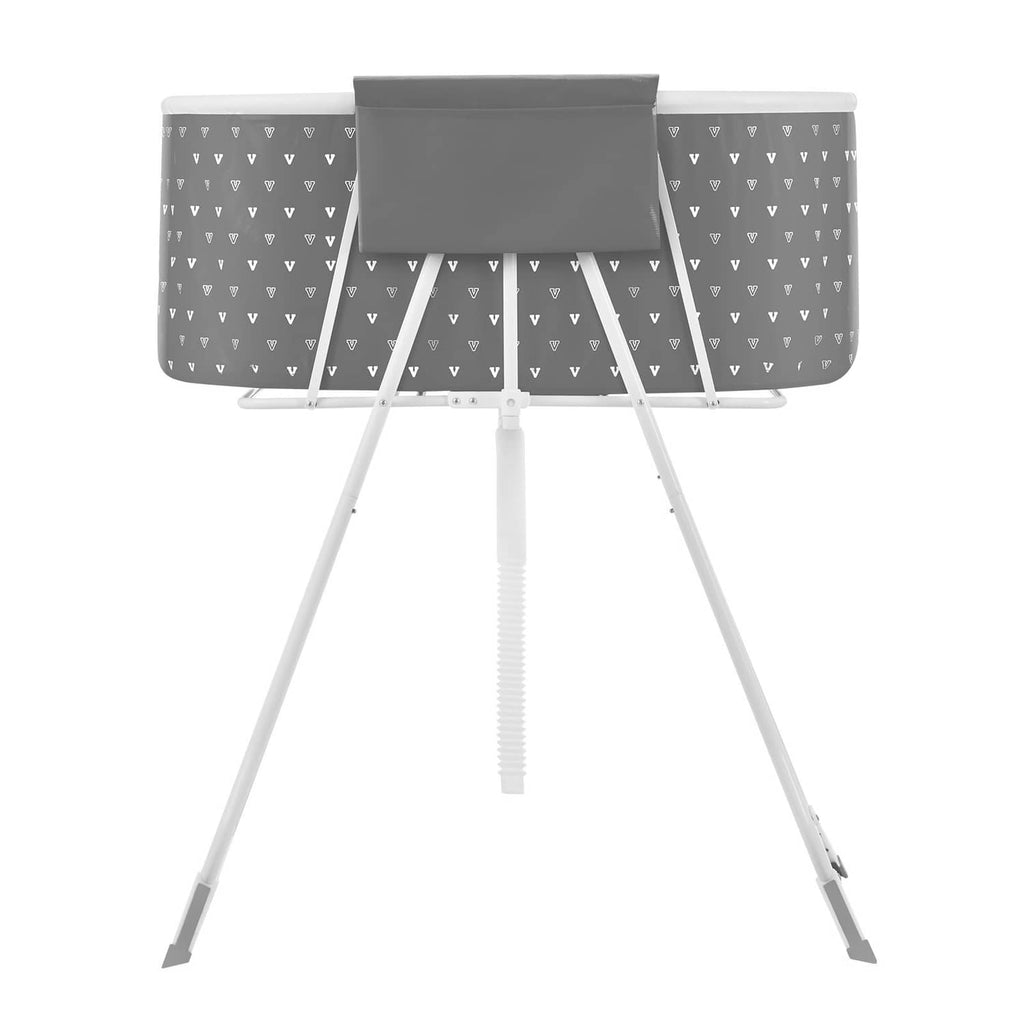 Gray foldable elevated dog bath tub with drain hose, raised rim panel, tripod legs