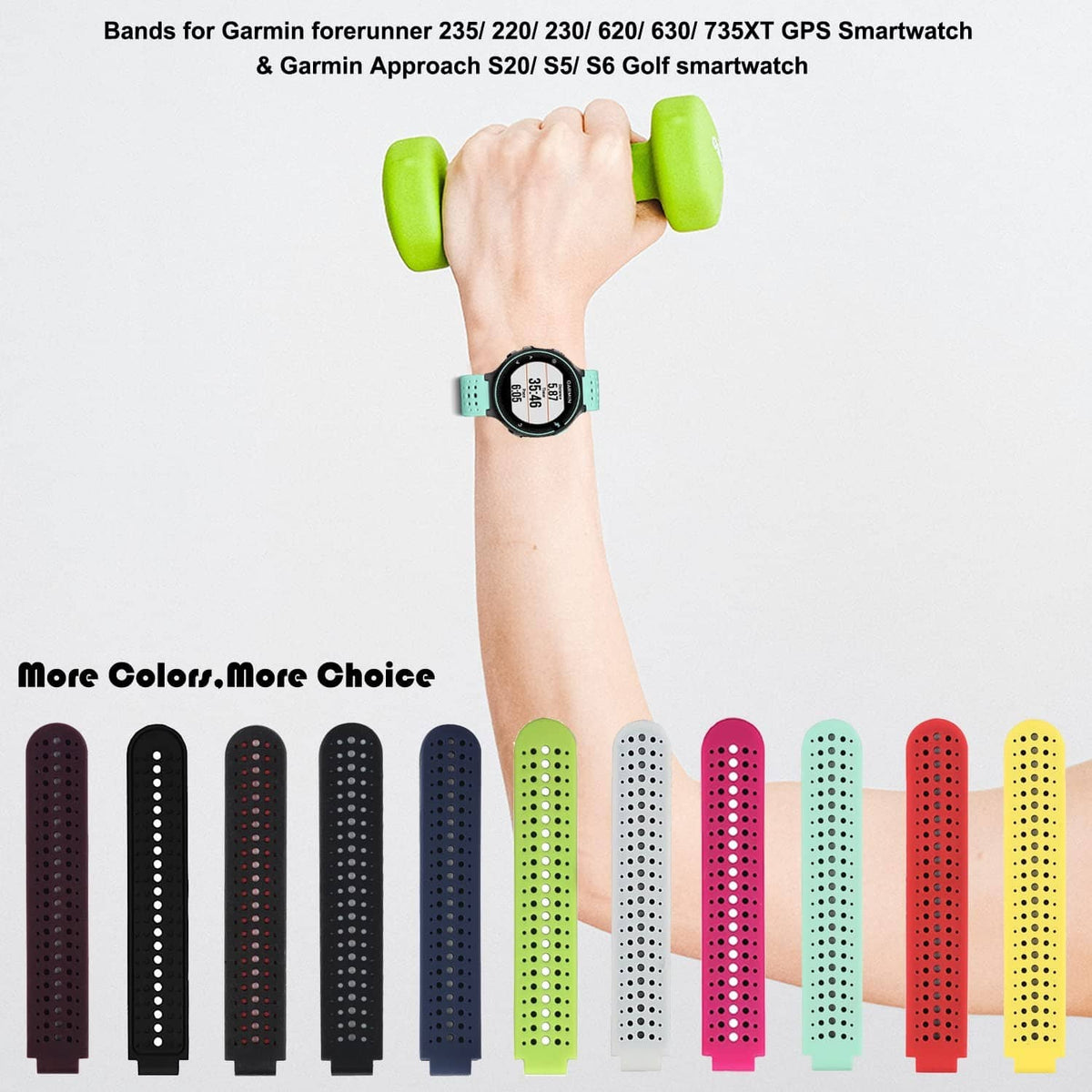 Set of colorful perforated watch bands in multiple colors for Garmin smartwatches