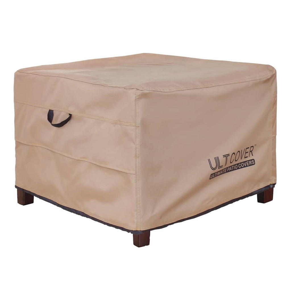 Brown square waterproof patio ottoman cover with logo and side handle cutouts