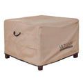 Brown square waterproof patio ottoman cover with logo and side handle cutouts