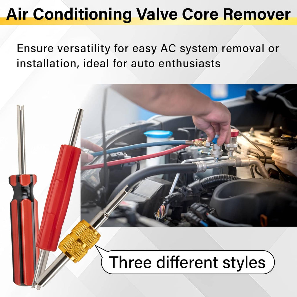 Valve core remover set with red handle and gold tip for AC system service