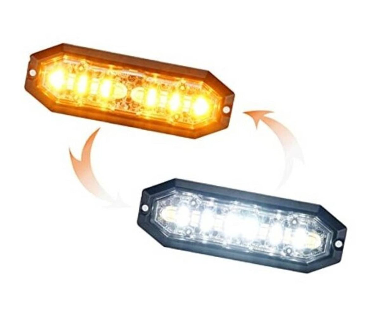 Surface-mount LED warning strobe light with amber and white lens, black housing