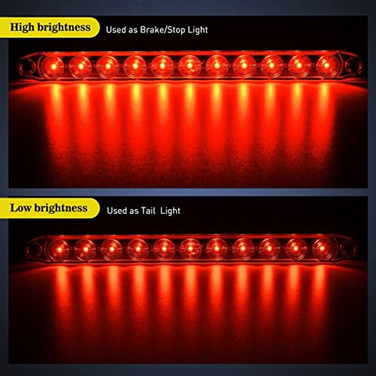 Red LED trailer stop/tail light bar showing bright and dim red illumination modes