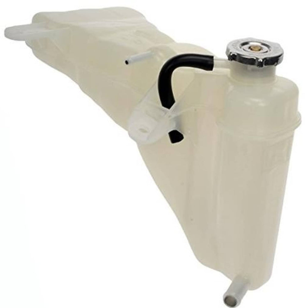 Pressurized coolant reservoir with cap, light beige tank and black return hose