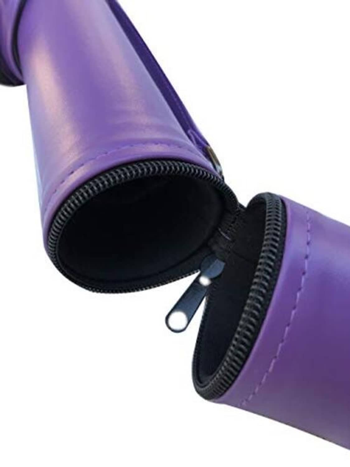 Purple pool cue case with black zipper track and hanging carry loop