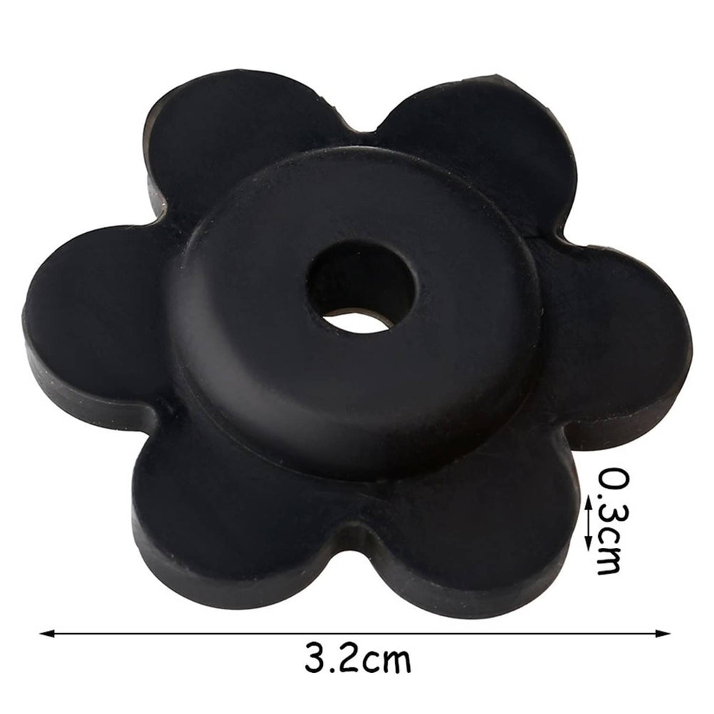 Close-up black rubber flower flag stop with center hole, about 3.2 cm wide