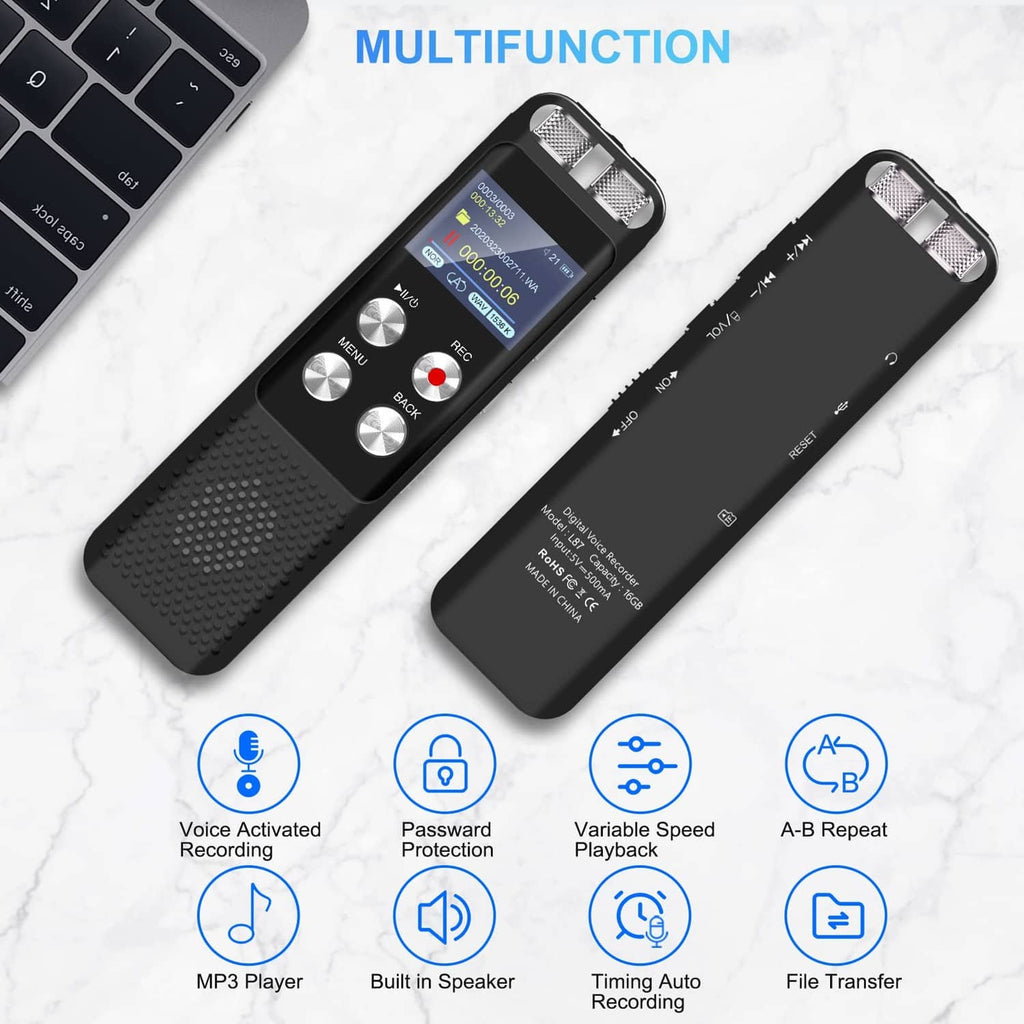 Black digital voice recorder front and back views, LCD screen and speaker grille