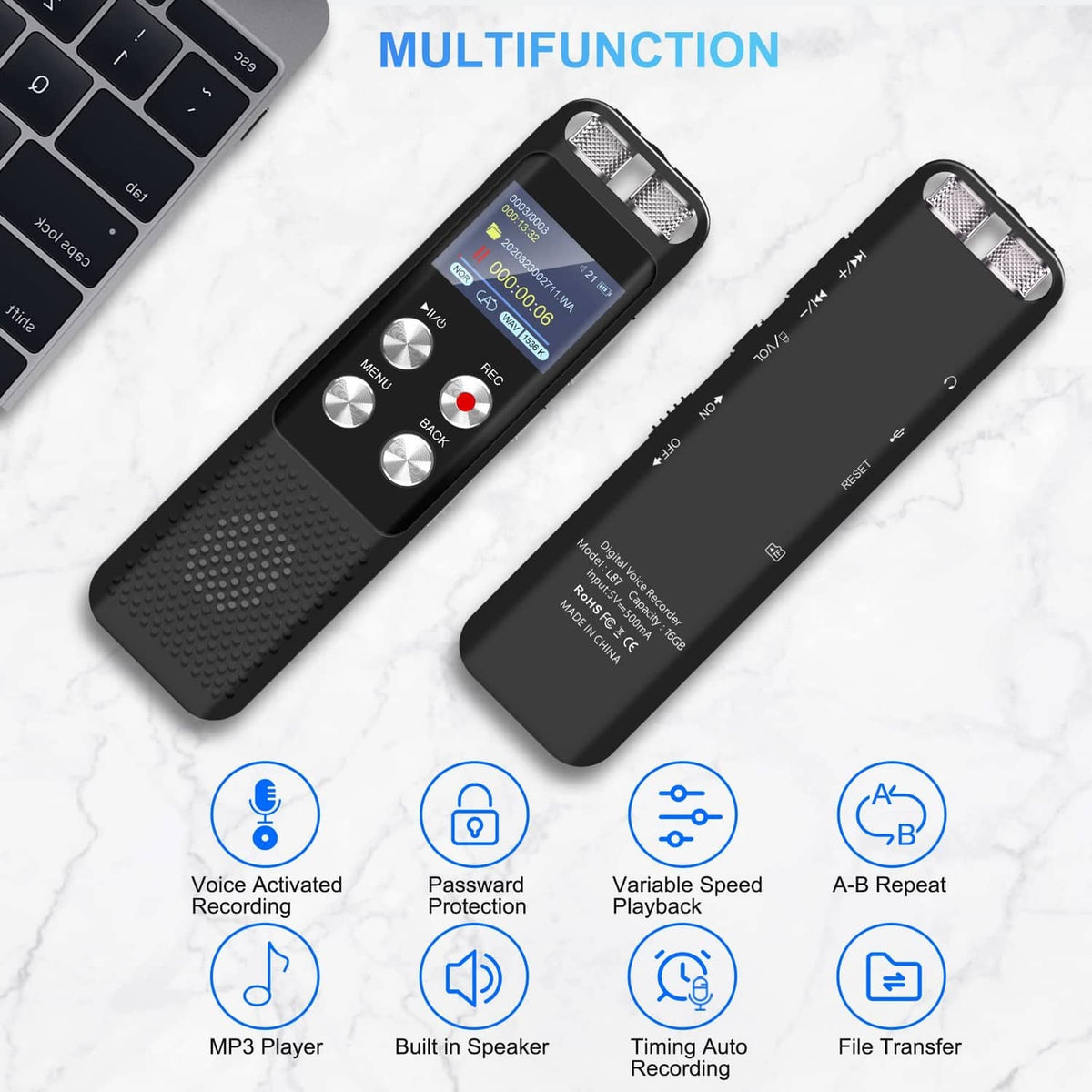 Black digital voice recorder front and back views, LCD screen and speaker grille