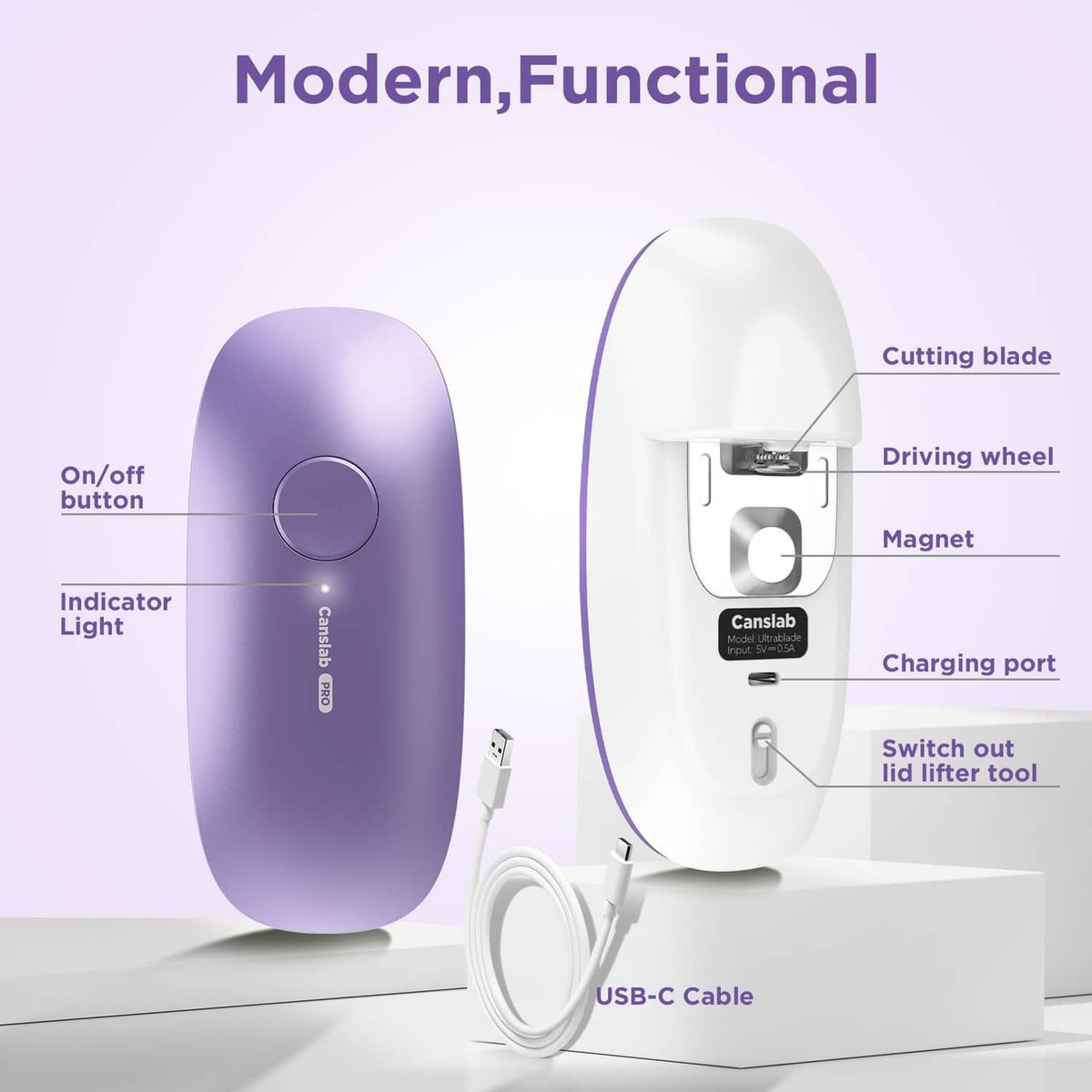 Lilac and white electric can opener with controls and accessory ports
